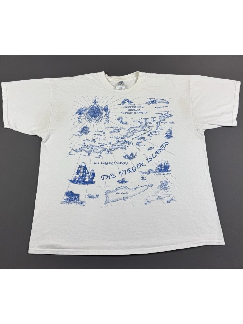 Rare Vintage Y2K The Virgin Islands USA Art Map AOP White 2XL Shirt Promo